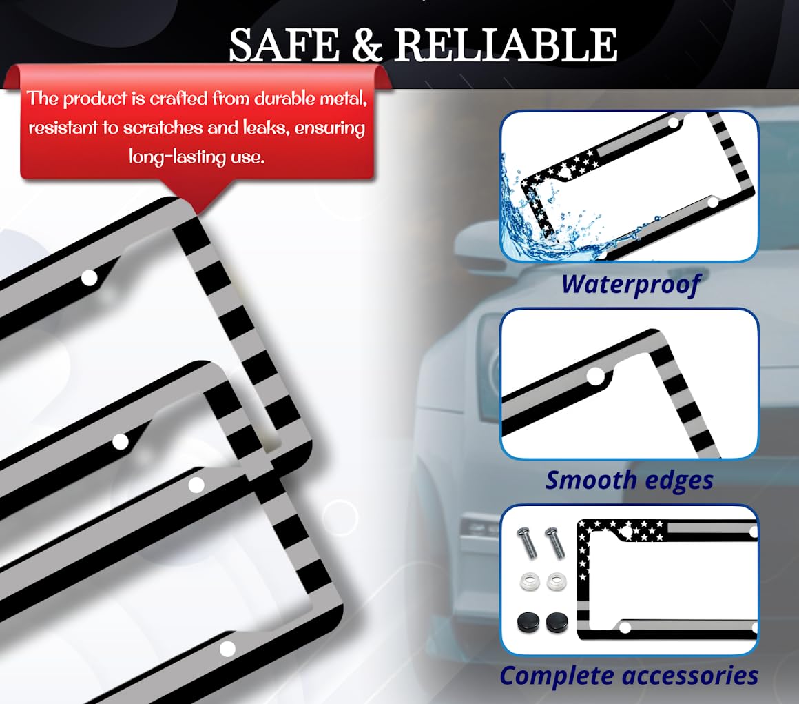 License Plate Frame 6x12.25 Inch Applicable to US Standard - American Flag with 4 Holes and Screws - Stainless Steel Frame for Your Car - Accessory That Emphasizes The Driver
