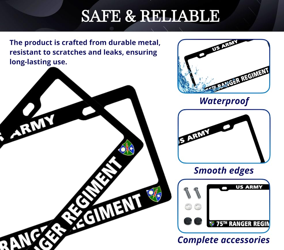 6x12.25 Inch Car License Plate Frame 75th Ranger Regiment US Army - Aluminum Metal License Plate Frame with 2 Holes and Screws - Bracket for Standart Cars USA Stainless Steel Frame for Front or Rear