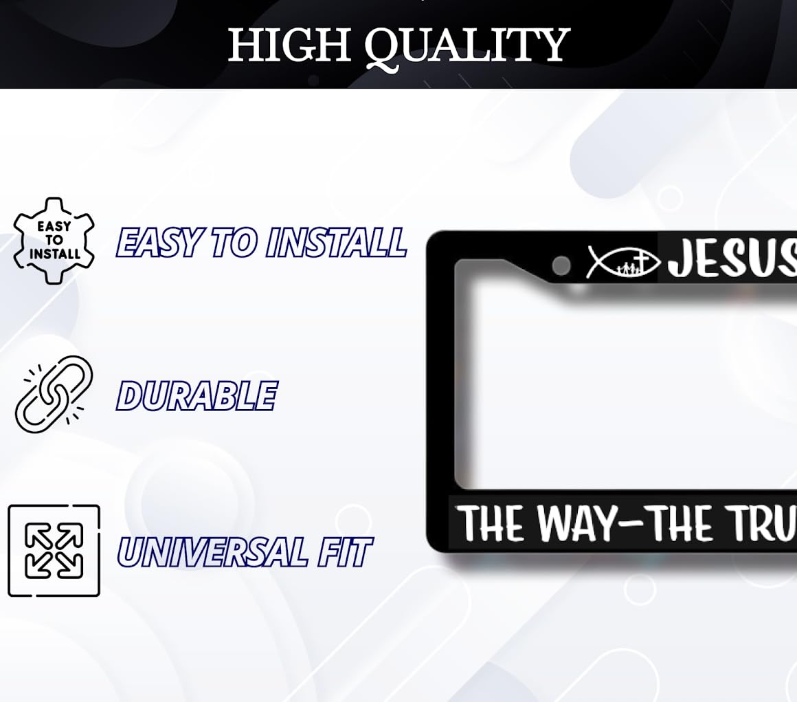 Black Car License Plate Frame 6x12.25 Inch - Stainless Steel Frame - for US Standard License Plate Jesus The Way The Truth The Life Christian - Religious Frame with 2 Holes and Screws