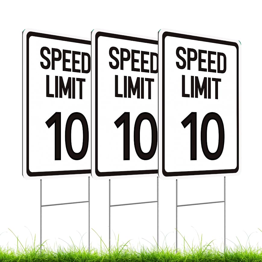 Set of 3 Double Sided 12x16 Inches Speed Limit 10 MPH Sign with Metal Wire H-Stakes - Plastic Slow Down Traffic Sign - Speed Limit Signs Outdoor Use for Neighbour Driveway Yard or School