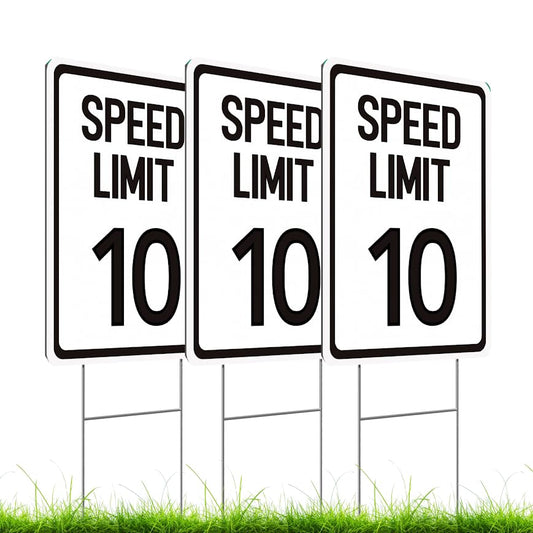 Set of 3 Double Sided 12x16 Inches Speed Limit 10 MPH Sign with Metal Wire H-Stakes - Plastic Slow Down Traffic Sign - Speed Limit Signs Outdoor Use for Neighbour Driveway Yard or School