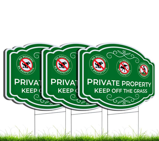 Set of 3 Double Sided 12x16 Inches Private Property Keep Off The Grass Yard Signs with Metal Stakes - Be Respectful No Pooping or Peeing Dog or No Trespassing Signs For Lawn - Be a Good Neighbor Sign