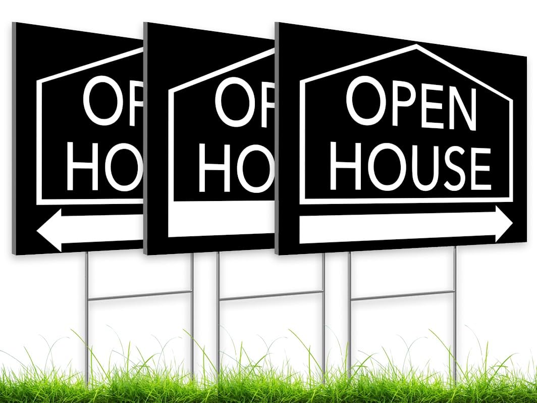 Pack of 3 Open House Signs 12x16 Inch for Real Estate Agent Supplies for Sale Sign with H Wire Stakes - Moving Sale Directional Signs Kit - Realtor Supplies for Sent Houses for Sale By Owner Yard Sign