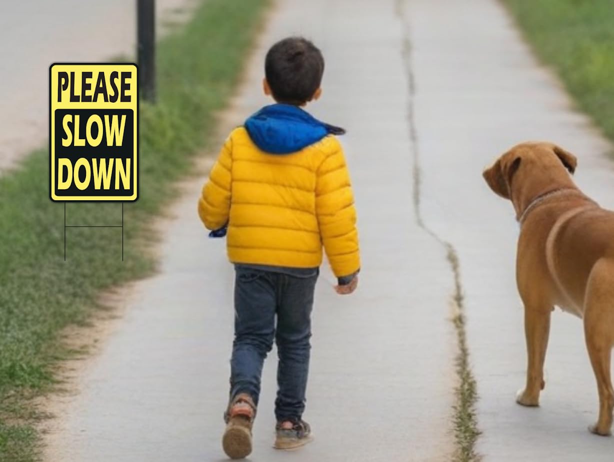 Set of 3 Double Sided 12x8 Inches Please Slow Down Signs with Stakes - Road, Traffic Safety Signs for Neighborhoods - Children and Kids at Play signs - Street Slow Children at Play Sign