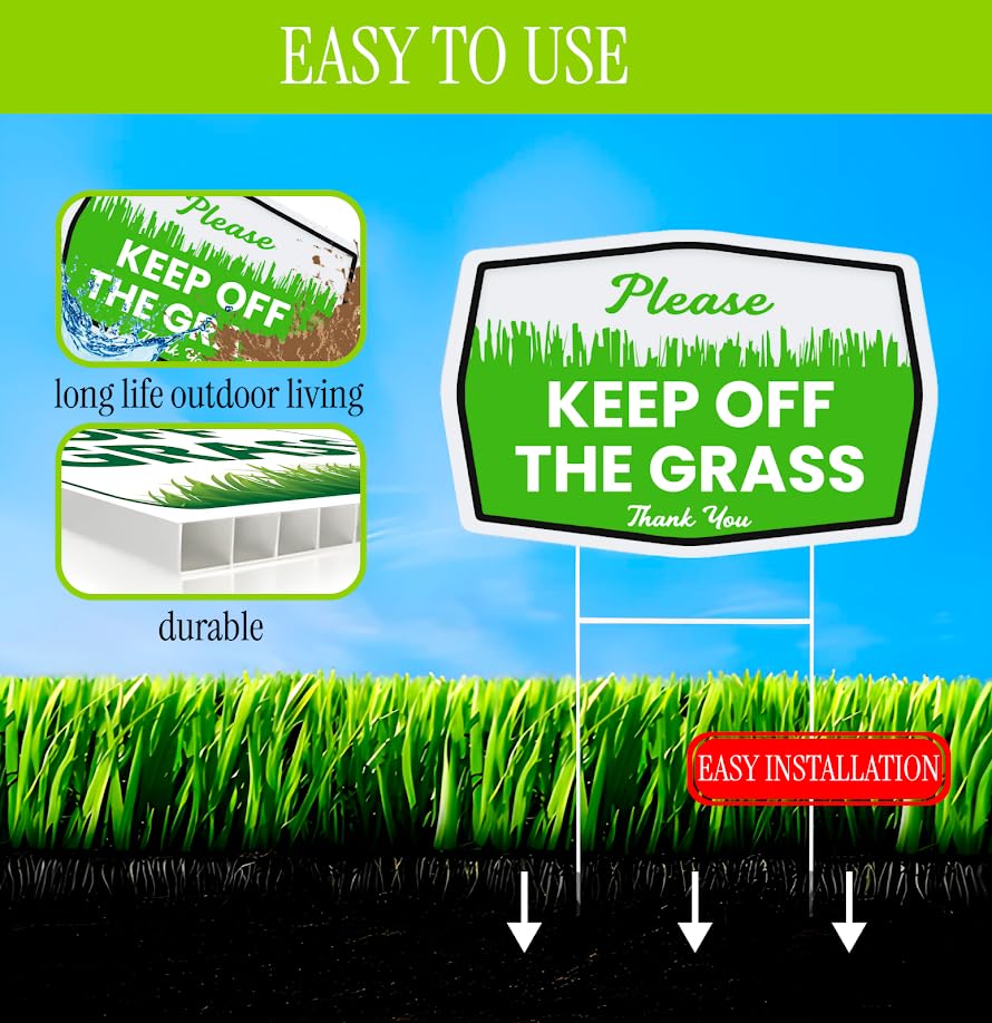 Set of 3 Double Sided 12x8 Inches Plastic Please Keep Off The Grass Thank You Signs with Metal H-Stakes - Curb Your Dog no Pooping and Peeing Lawn Signs - No Dog Poop Signs for Yard Decoration