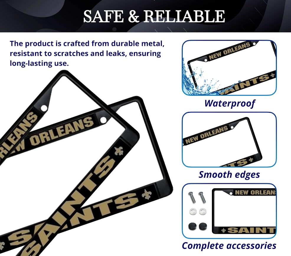 Personalized Car License Plate Frame - License Plate Frame New Orlean, Saints - Metal Plate Frame with 2 Holes and Screws 6x12.25 inches - Standart Cars USA Stainless Steel Frame for Front and Rear