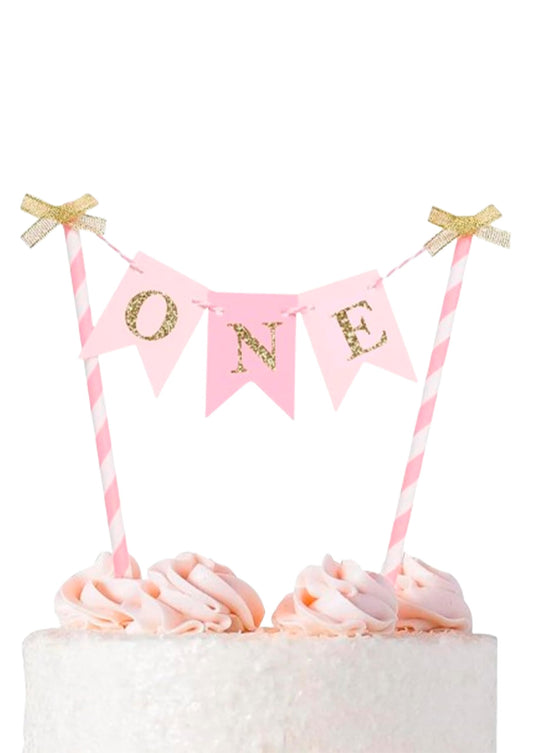 8x6 Inch Paper One Cake Topper for Baby Girls - Pink and Gold Cake Topper Banner for 1st Birthday - First Cake Topper or Paper Straw Cake Toppers - Textured Cake Decoration for One Birthday