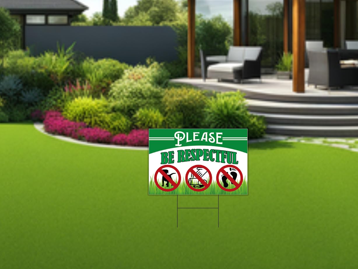 Pack of 3 Be Respectful Dog Sign 8x12 Inch Double Sided - No Dog Poop Signs for Yard - Pick Up After Your Dog Sign - No Pets No Dogs Allowed or Please Keep Off Grass Lawn Signs with Stakes