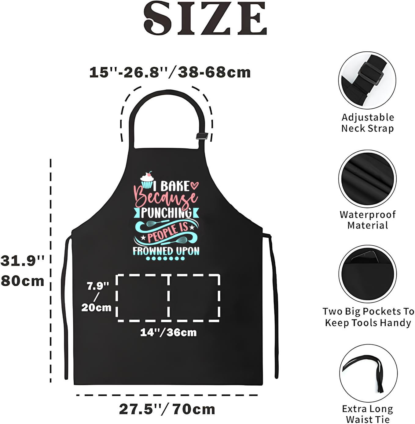 27.5x31.9 Inch Baking Aprons for Women and Men - Prints for Aprons I Bake Because People Is Frowned Upon - Polyester Kitchen Aprons with 2 Pockets - Cute Gifts for Bakers - Grilling BBQ Chef Apron