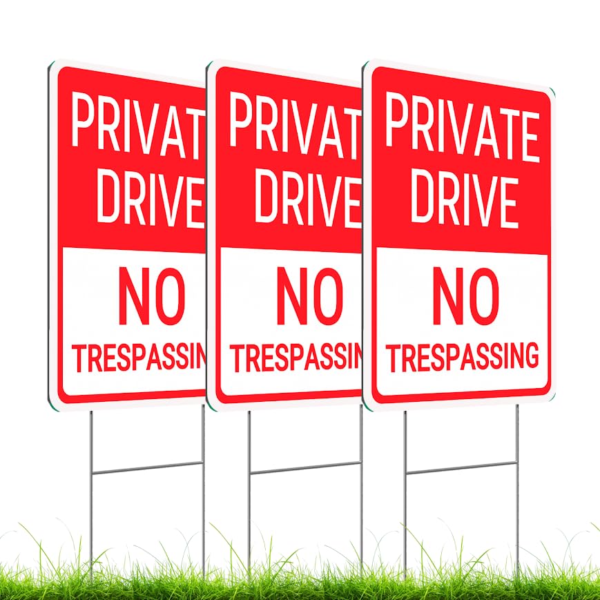 Set of 3 Double Sided 12x8 Inches Private Drive No Trespassing Signs with Metal H-Stakes - Plastic Private Road Warning Sign - Road Private Property No Parking Sign - Private Driveway Signs with Stand