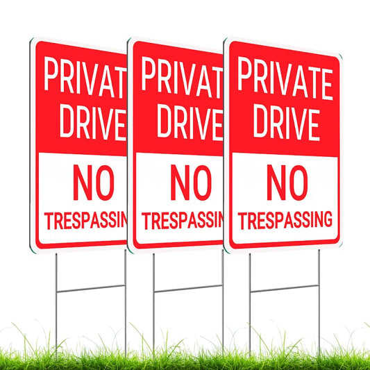 Set of 3 Double Sided 12x8 Inches Private Drive No Trespassing Signs with Metal H-Stakes - Plastic Private Road Warning Sign - Road Private Property No Parking Sign - Private Driveway Signs with Stand