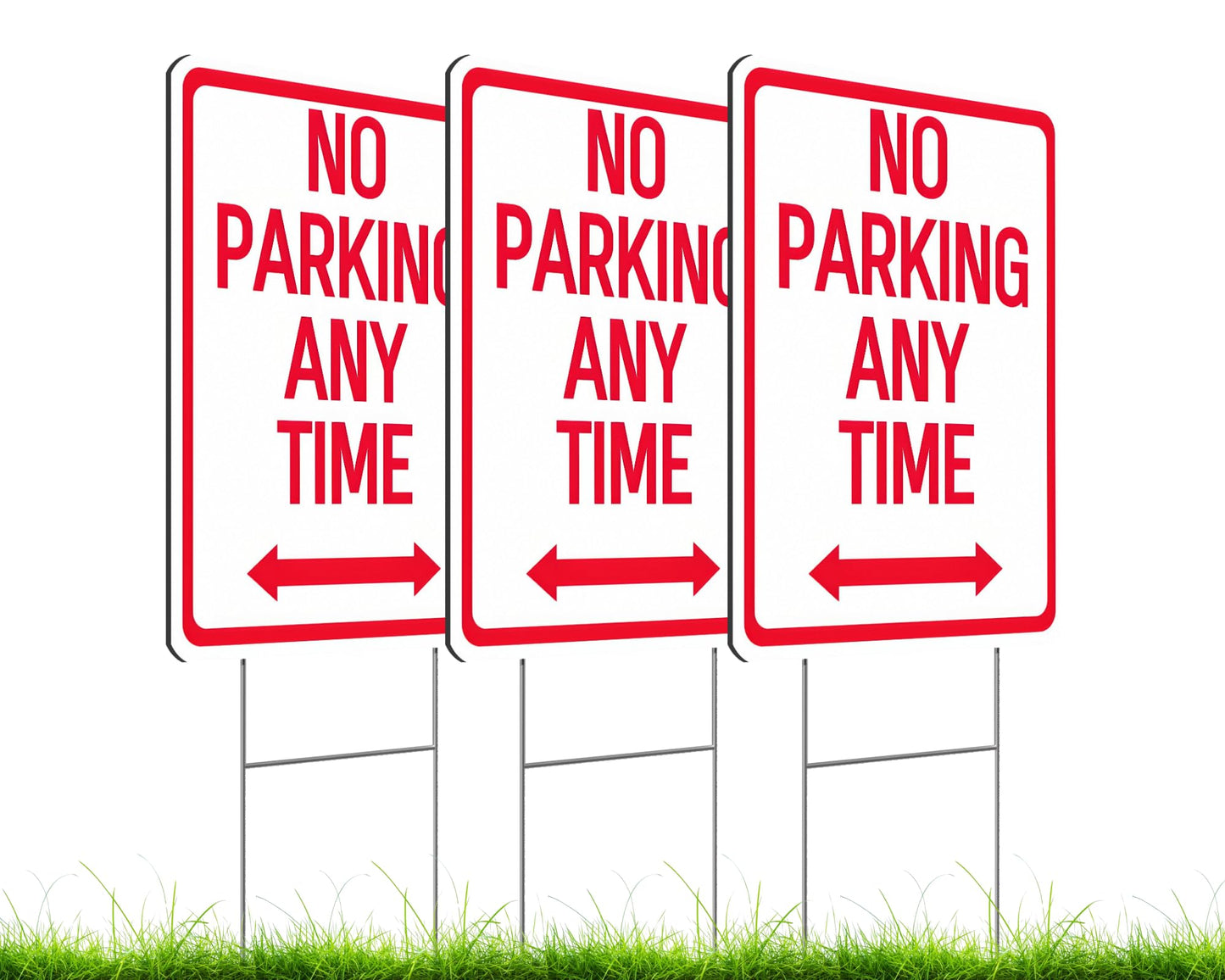 Set of 3 Double Sided 12x16 Inches No Parking Any Time Sign with Metal Wire H-Stakes - Red on White Plastic Sign with Bidirectional Arrow - Yard Signs with No Parking Space for Indoor or Outdoor