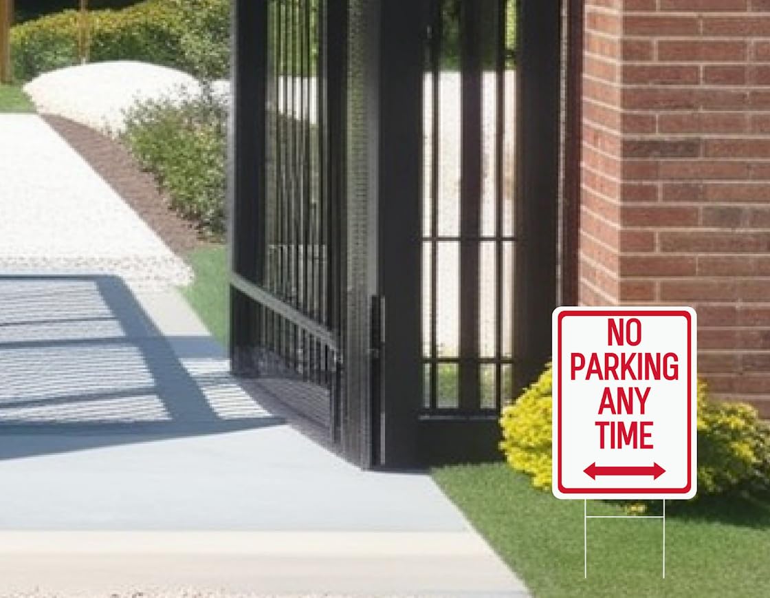 Set of 3 Double Sided 12x16 Inches No Parking Any Time Sign with Metal Wire H-Stakes - Red on White Plastic Sign with Bidirectional Arrow - Yard Signs with No Parking Space for Indoor or Outdoor