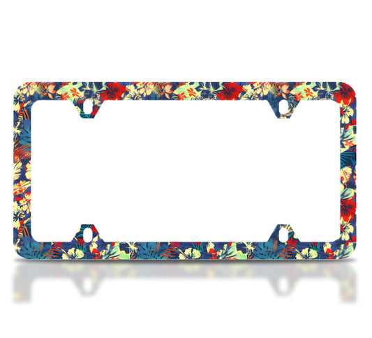 License Plate Frame 6x12.25 Inches - Color Blue Tropical with Flowers with 4 Standard Slotted Mounting Holes - Stainless Steel Unusual Accessories for Your Car - Decorated Frames for Your Number