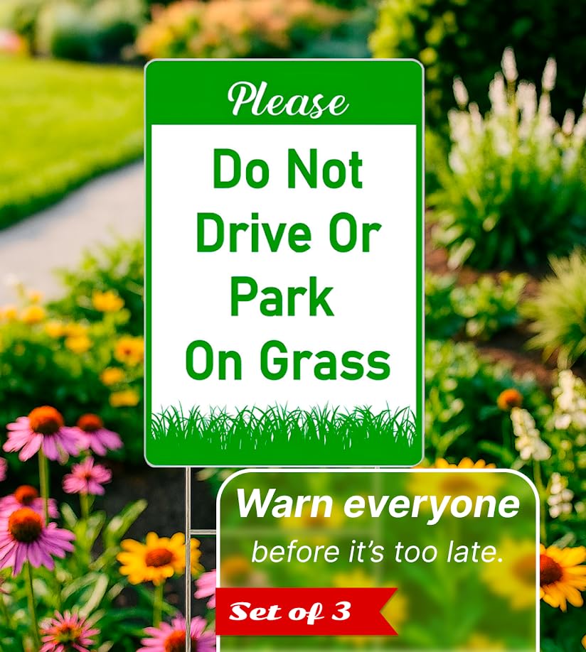 Set of 3 Double Sided 12x8 Inches Plastic Please Do Not Drive Or Park On Grass Signs with Metal H-Stakes - Yard Lawn Stay Off Grass Signs - Green and White Please Keep Off The Grass Sign