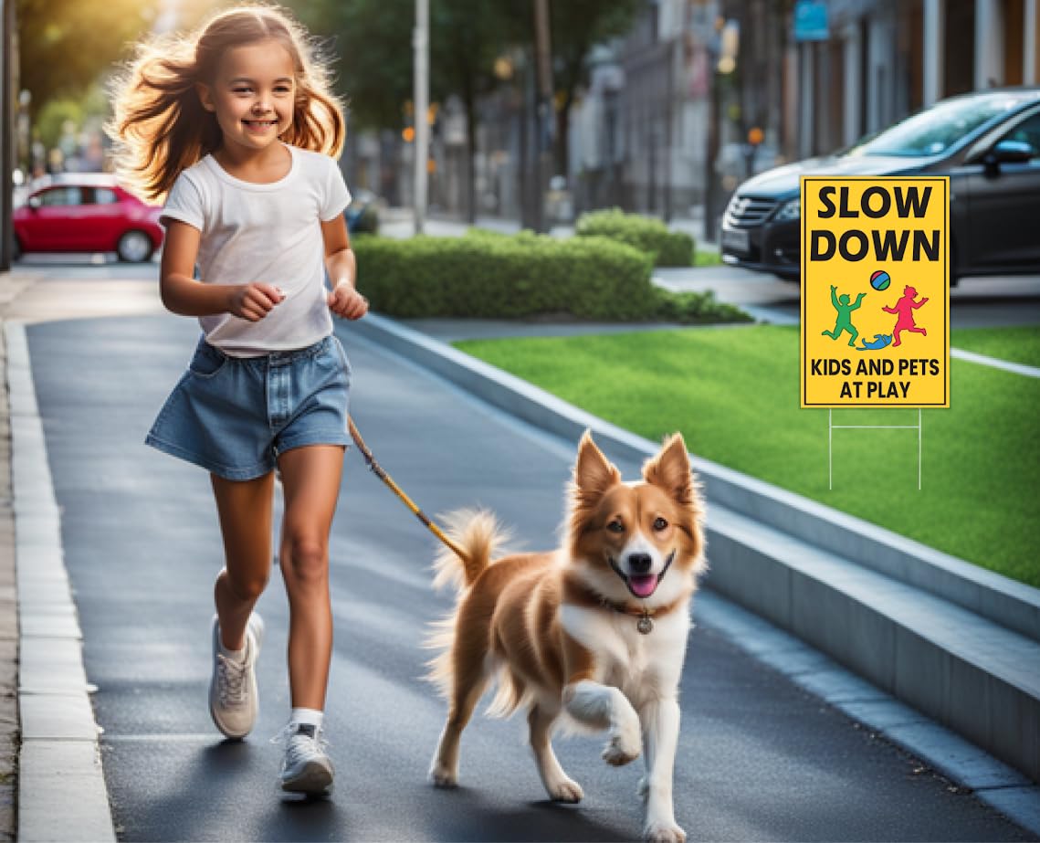 Plastic Drive Slow Kids Play Sign Set 12x8 Inch Double Sided - Street Safety Signs with Stakes - Attention Kids Playing Road Sign - Caution and Slow Kids standing sign - Kids in Play Safety Signs