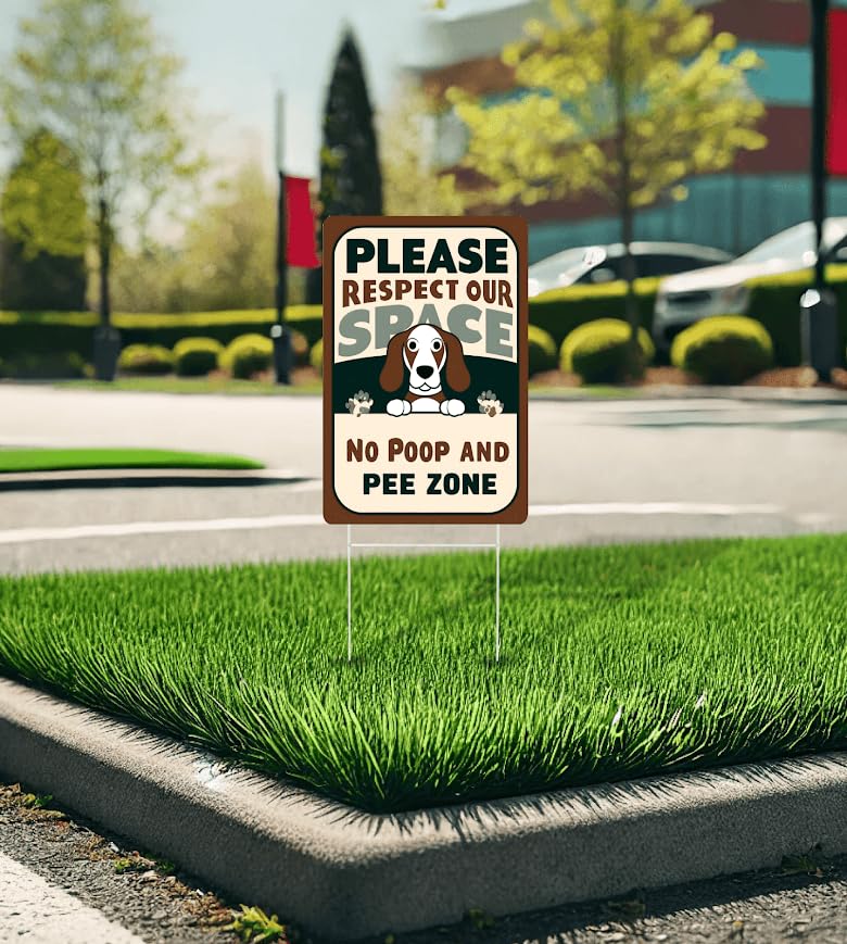 Set of 3 Double Sided 12x8 Inches Plastic Sign "Please Respect Our Space and Peee Zonie No Poop and Pee Zone" - No Dog Poop Signs for Yard - Please Clean Up After Your Pet - No Pooping Dog for Garden