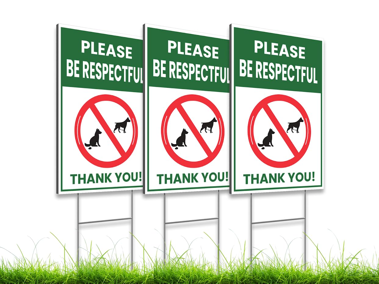 No Pee Sign Pooping Dog Set of 3 Pieces 12x8 Inch Double Sided - Please Be Respectful Don't Let Dogs Poop and Pee on Your Lawn - Please Clean Up After Your Pet - Signs To Curb Your Dog