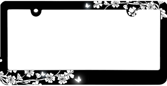 Floral Black White Cherry Blossoms License Plate Frame - Flowers License Plate Stainless Steel - Auto Parts Colorful License Plate Cover Decorative - Metal Plate Frame with Screws 6 x 12.25 inches