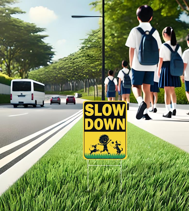 Set of 3 Double Sided 12x16 Inches "Slow Down" Sign with Metal H-Stakes - Caution Children at Play Signs for Avenue - Kids Alert Street Safety Highway Signage - School Zone Speed Limit