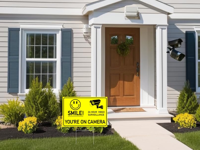 3 Pack 8x12 Inch Smile Your on Camera Signs with Stake - No Tresspassing. Private Property Video Surveillance Home Security Yard Sign - Warning Signs for Property - Single Sided Signs off Lawn Outdoor