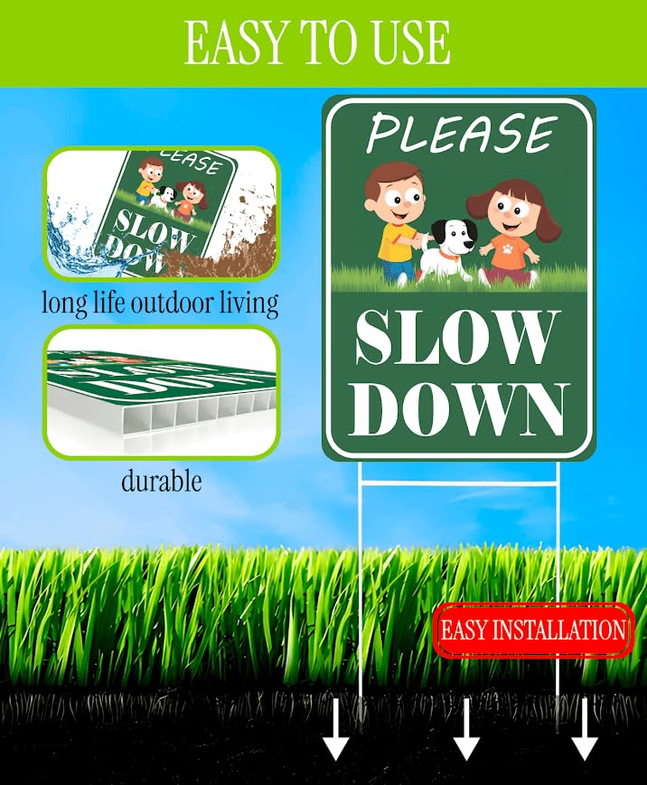 Set of 3 Double Sided 12x16 Inches Please Slow Down Sign with Metal H-Stakes - Children and Pets at Play Safety Signs for Street - Plastic Street Slow Sign - Traffic Safety Signs for Neighborhoods