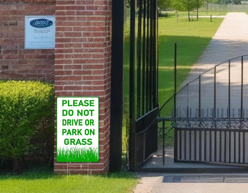 3 Pack 12х8 inch Please Do Not Drive Or Park On Grass Signs with Metal Wire H-Stakes - Stay Off Lawn Sign - No Parking on Grass Sign - No Parking Private Driveway Sign - Keep Off The Grass Yard Sign