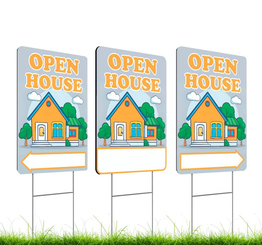 Set of 3 Double Sided 12x16 Inches Plastic Sign "Open House" - Signs for Sale Real Estate Supplies Agents - Directions for Realtors and Broker Agent Seeking Clients - Private Property Sale Signage