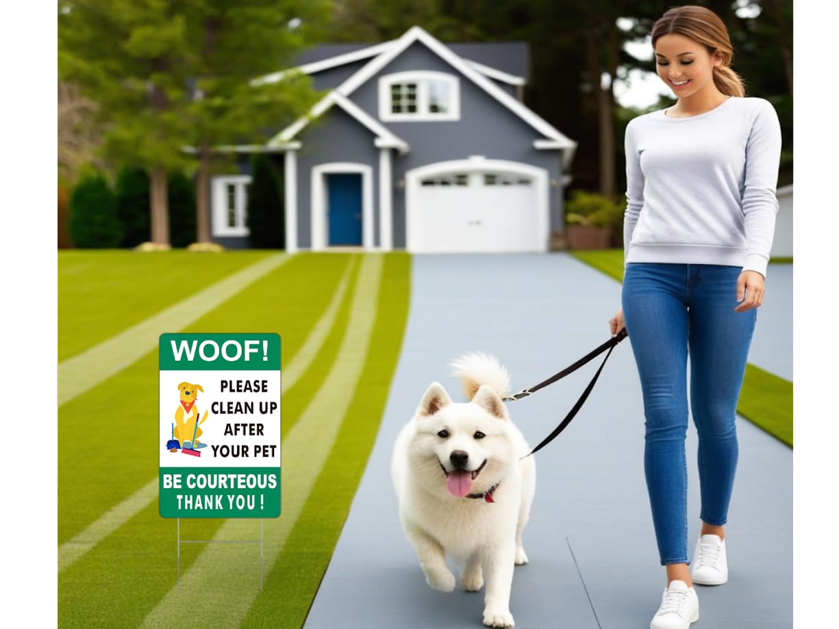 3X Double Sided 12x8 Please Clean Up After Your Pet Sign - Yard Lawn Fun Pet Signs - Collect Dog Poo and Don't Wet Also No Dog Poo for the Yard - Signs to Curb Your Dog with Metal H-Shaped Stakes