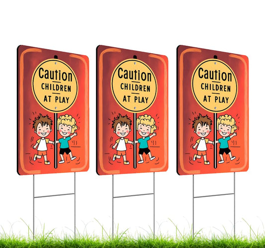 Set of 3 Double Sided 12x16 Inches "Caution Children at Play" Sign with Metal H-Stakes - Drive Like your Child Live Here Signs - Slow Down for Neighborhoods Speed Limit Signage