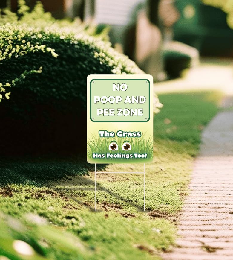 Set of 3 Double Sided 12x8 Inches Plastic Sign "No Poop and Pee Zone The Grass Has Feeling Too" - Pick Up After Your Dogs Signage - Dont Let Dog On Clean Lawn - No Animals Allowed For Yard and Grass