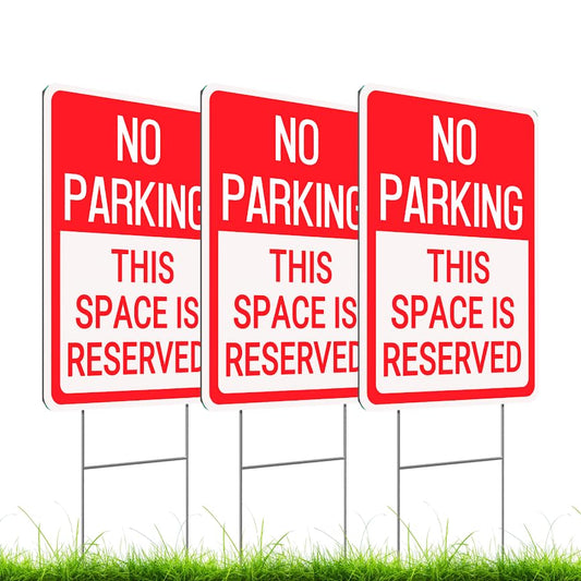 Set of 3 Double Sided 12x16 Inches No Parking This Space Is Reserved Sign with Metal Wire H-Stakes - Plastic Reserved Parking Indoor or Outdoor Sign Use - No Parking Road Traffic Signs