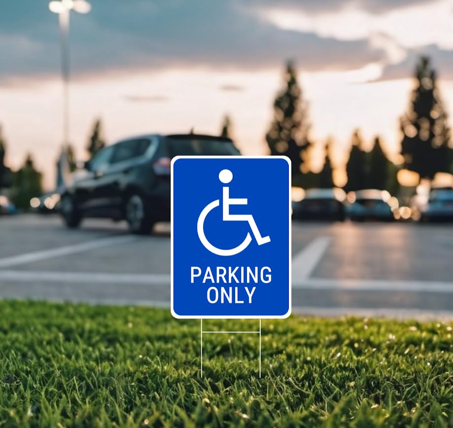 Set of 3 Double Sided 12x16 Inches Reserved Parking Signs for Handicapped Only with Metal Wire H-Stakes - Plastic Indoor or Outdoor Basics Handicap Parking Sign - Yard Signs with Parking Space