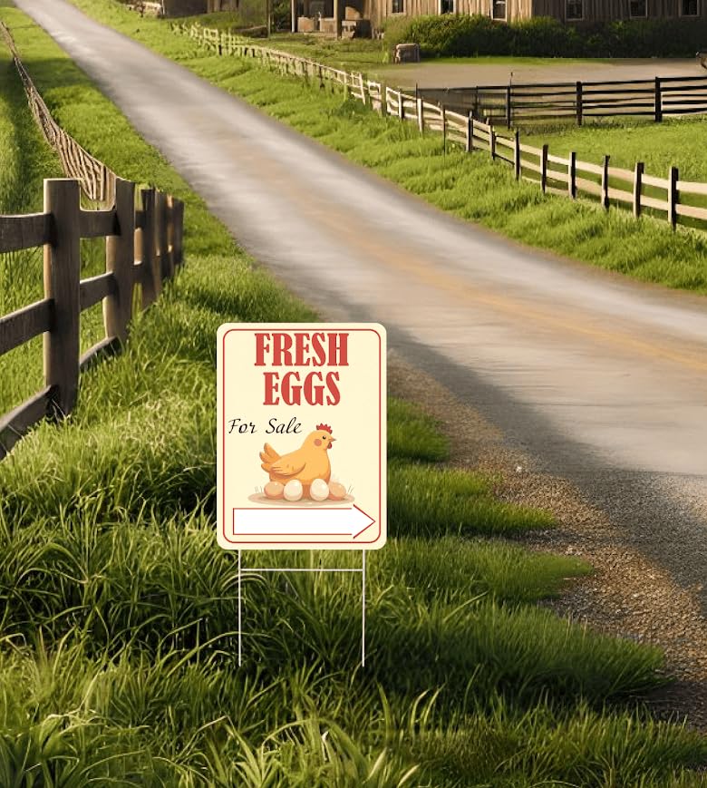 Set of 3 Double Sided 12x16 Inches Fresh Eggs For Sale Sign with Metal H-Stakes - Farm Business Supplies Home Decor - Fresh Chicken Eggs For Sale Yard Sign - Fresh Eggs Sign for Outdoor and Indoor