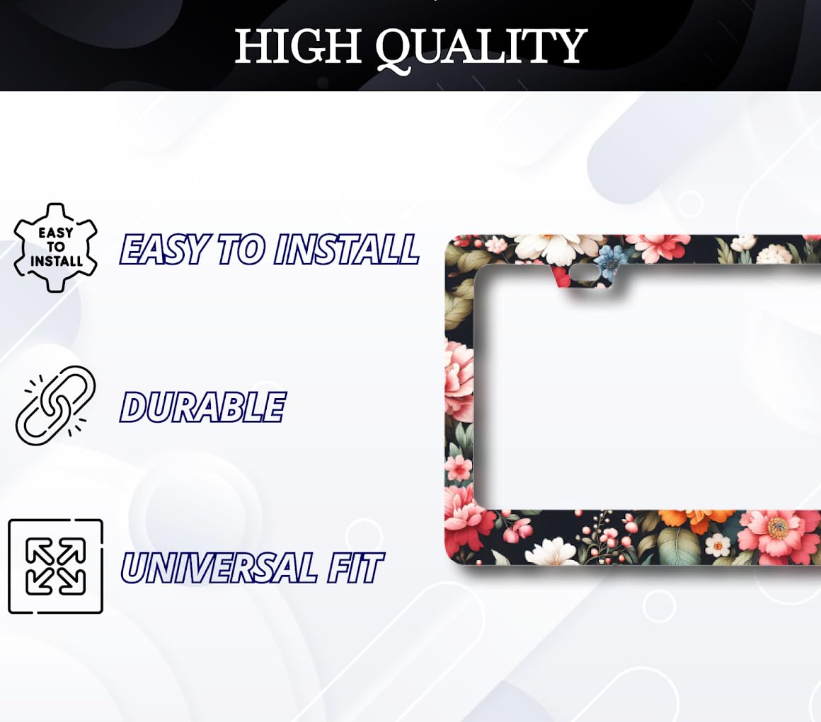 License Plate Frame 6x12.25 Inches with Natural Flowers with 2 Standard Slotted Mounting Holes - Custom License Plate Frame for Your Car - Stainless Steel Frames Flower Style Fun Decoration