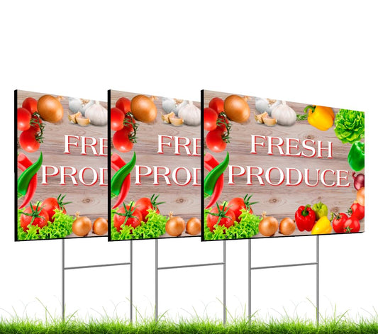 Set of 3 Double Sided 12x16 Inches Fresh Produce Sign with Metal H-Stakes - Vegetable Sign Outdoor or Indoor Yard Signs - Plastic Fresh Produce Sign Event Signage for Outside Business