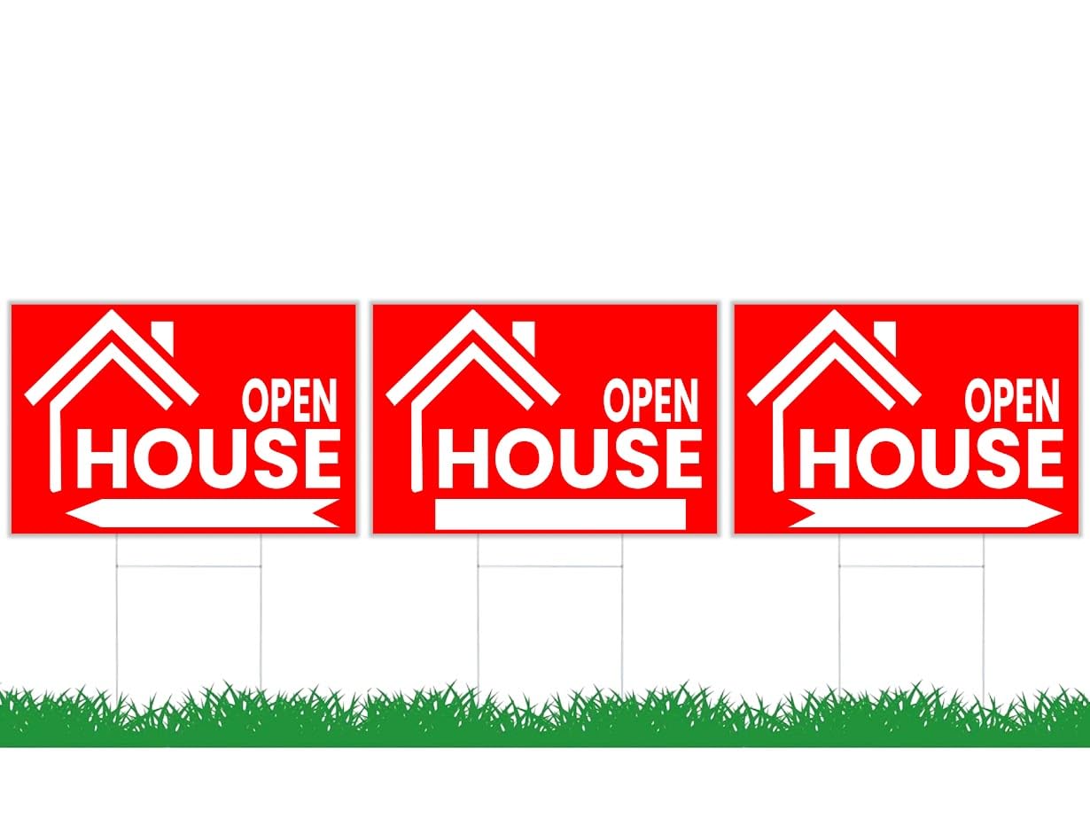 3X Double Sided 12x16 Open House Sign for Real Estate Agent Supplies for Sale Signs with H Wire Stakes,Realtor Supplies for Sent Houses for Sale By Owner Yard Sign,Moving Sale Directional Signs Kit