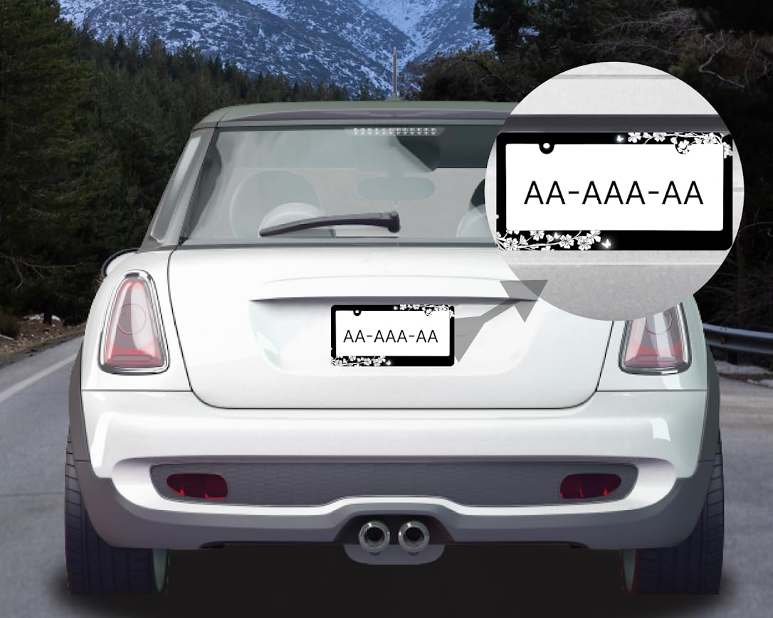 Floral Black White Cherry Blossoms License Plate Frame for US Standard - Flowers License Plate Frames Stainless Steel - Auto Parts Decorative 6x12.25 inch Plate Frame with 2 Holes and Screws