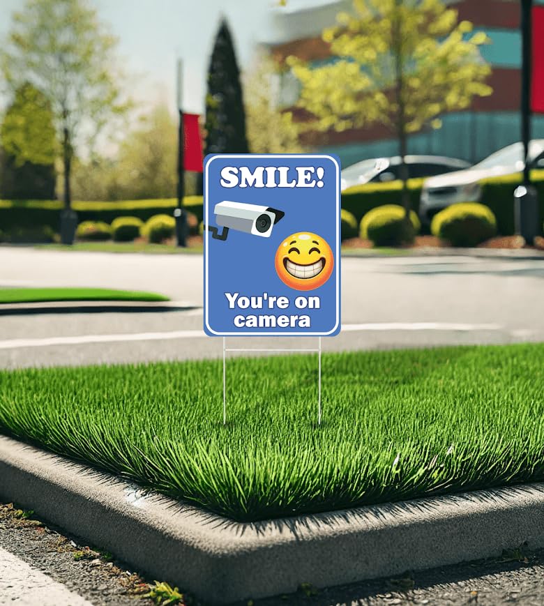 Set of 3 Double Sided 12x8 Inches Plastic Sign With H-Stakes "SMILE! You'reon Camera" - Tresspassing Video Surveillance Private Property Signs - Warning Security Cameras in Use 24 Hours Signage