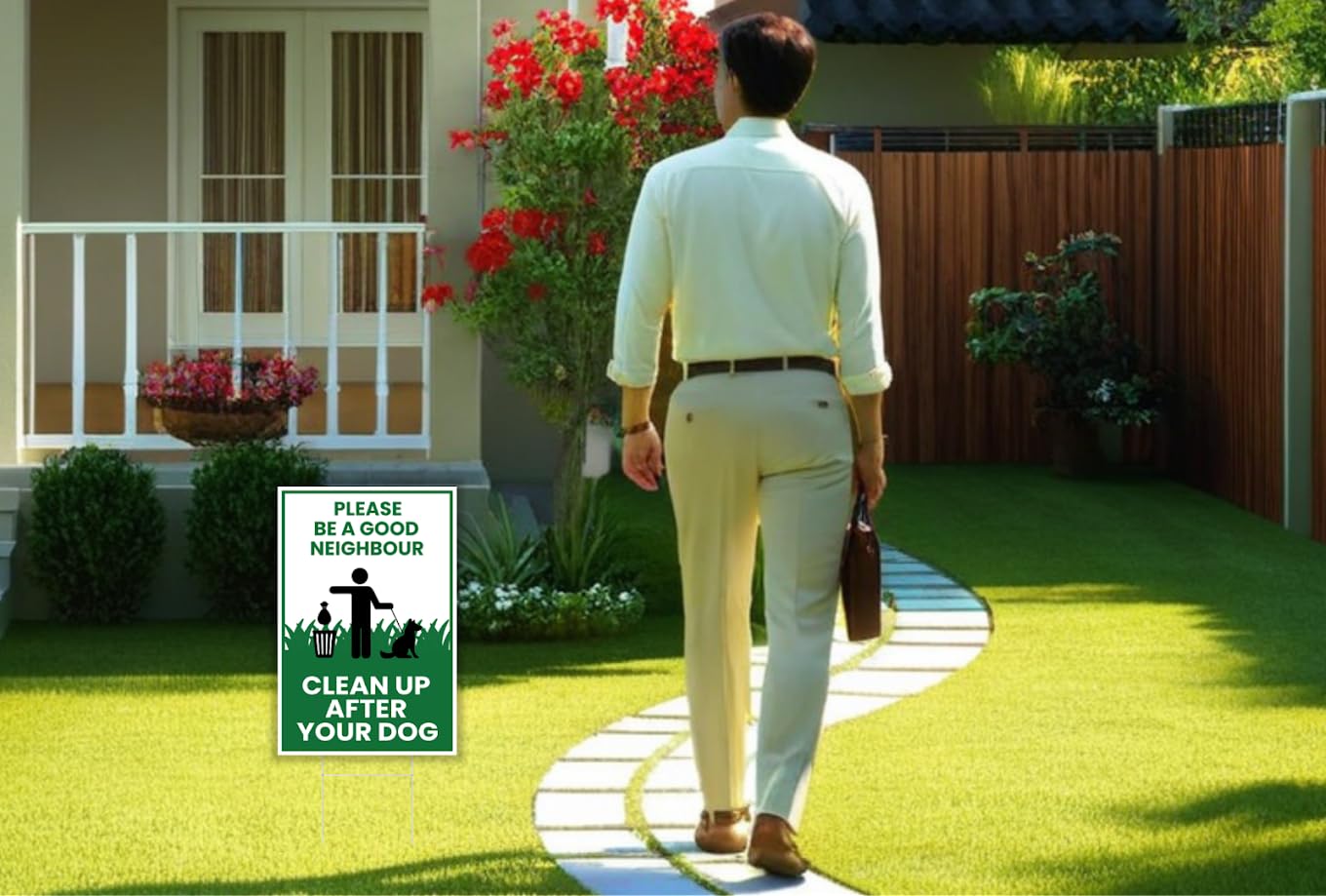 3X Single Sided 12х8 inch Clean Up After Your Dog Sign with Metal Wire H-Stakes - Be a Good Neighbor Sign - Pick Up Your Dog Poop Signs - Keep Off Grass Dog Poop Sign - Clean Up After Your Dog Signs