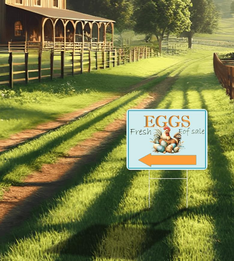 Set of 3 Double Sided 12x16 Inches Eggs Fresh for Sale Sign with Metal H-Stakes - Farm Fresh Eggs Sign for Outdoor and Indoor - Signs Chicken Coop Decoration - Fresh Chicken Eggs For Sale Sign