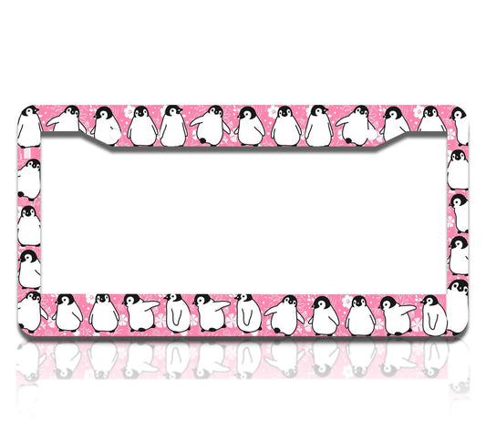 Personalized Car License Plate Frame - Stainless Steel Plate Frame with Screws 6 x 12.25 inches and 2 Holes and Screws - Pink Frame with Penguin for Women - Metal Car Universal Accessories
