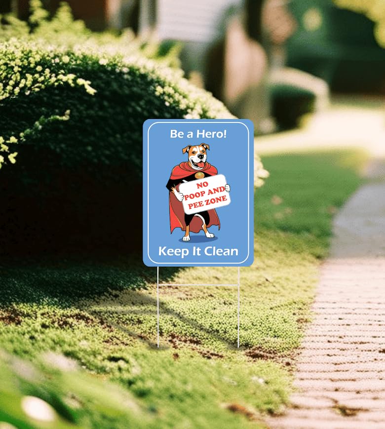 Set of 3 Double Sided 12x8 Inches Plastic Sign "Be a Hero! No Poop and Pee Zone Keep it Clean" - Sign Pick Up After Your Dog - Please Clean Up After Your Pet and Keep You Surroundings Cleanse