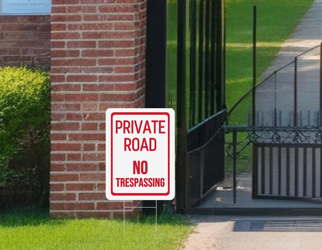 Set of 3 Double Sided 12x16 Inches Private Road No Trespassing Signs with Metal H-Stakes - Plastic Private Drive Sign for Outdoor - Red on White Road Private Property Sign - Do Not Enter Sign