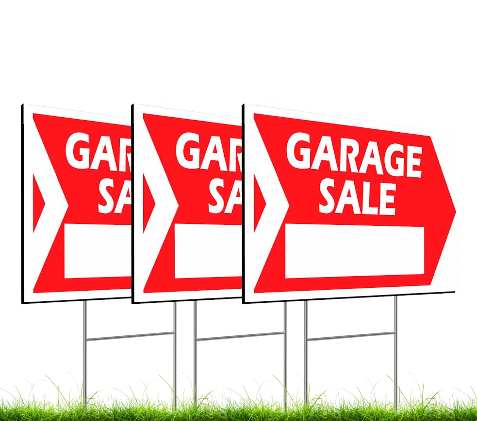 Set of 3 Double Sided 12x16 Inches Garage Sale Sign with Metal Wire H-Stakes - Plastic Home for Rent Signs - Outdoor Lawn Sale Sign for Real Estate Agents - Garage Sales Signs with Directional Arrows