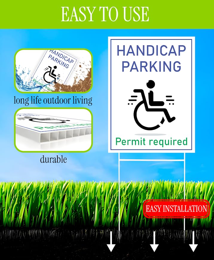 Set of 3 Double Sided 12x16 Inches "Handicap Parking Permit Required" Sign with Metal H-Stakes - Сustom Reserved Parking - Signage Designated Parking for People with Disabilities