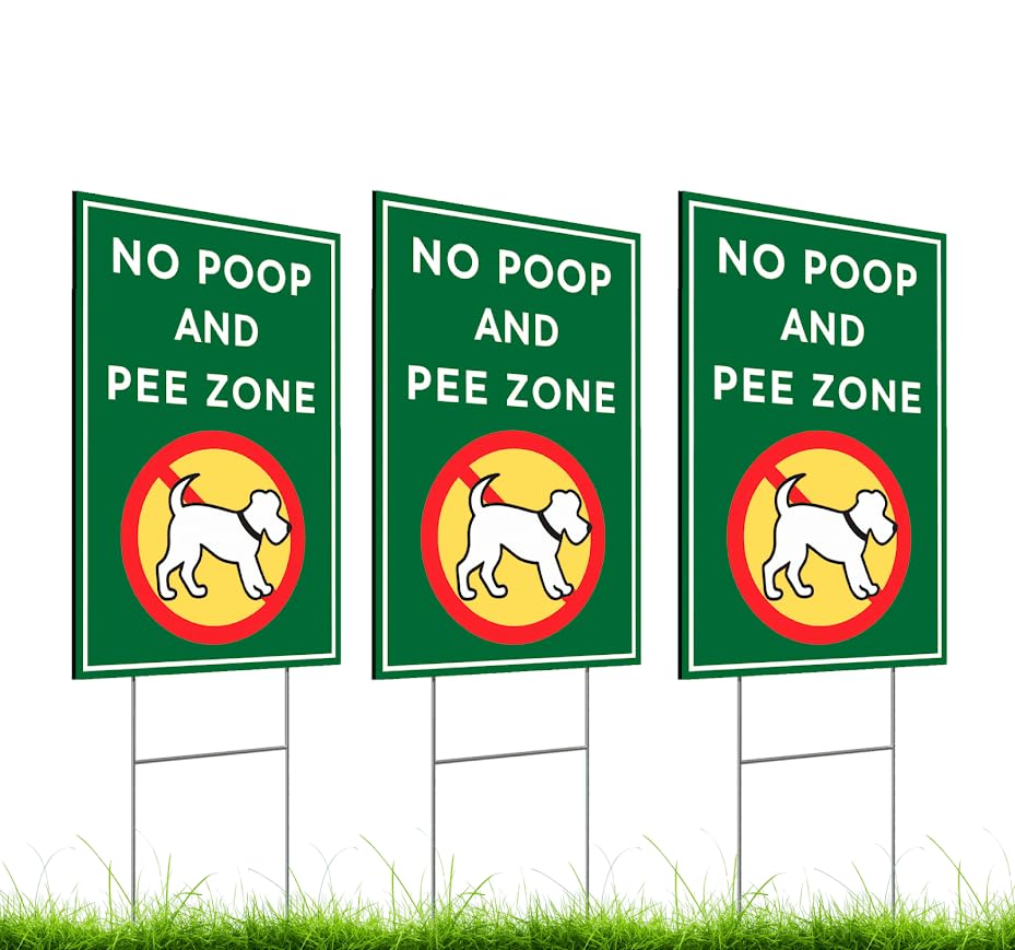 Set of 3 Double Sided 12x8 Inches Plastic Sign "No Poop and Pee Zone" with Metal H-Stakes - Pick Up After Your Dog No Pooping - Please Keep Dogs off Lawn and Yard - Dont Peeing or Poop Watch Your Pet