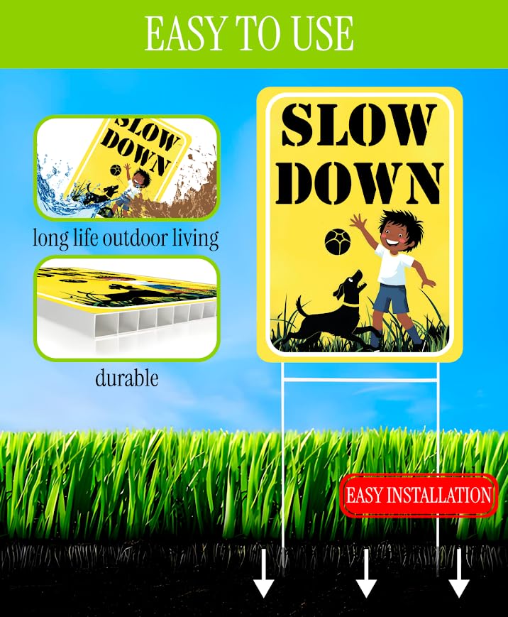 Set of 3 Double Sided 12x16 Inches "SLOW DOWN" Sign with Metal H-Stakes - Children at Play Safety Signs for Street - Kids Playing and Neighborhood Watch Signage - Drive Slow Speed Limit