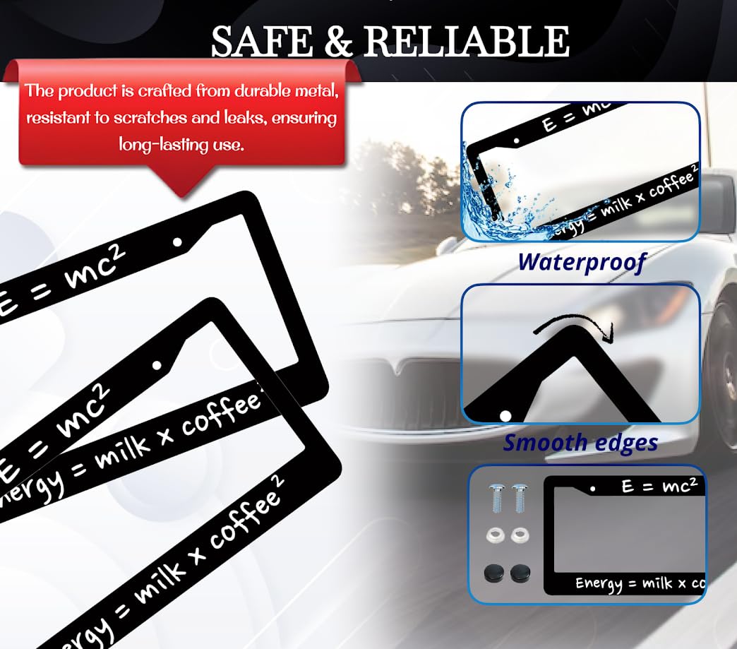6x12.25 Inch Personalized Black License Plate Frame with Quote Energy = Milk x Coffee - Funny Front License Plate Frames Designs with 2 Standard Slotted Mounting Holes - Aluminium Frames for Auto