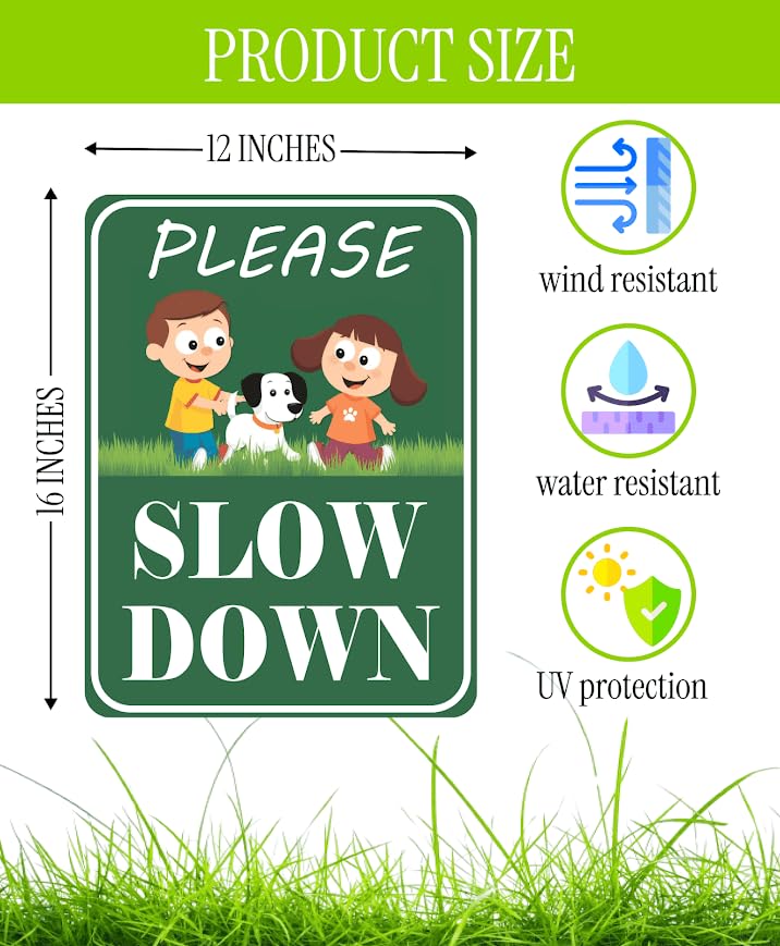 Set of 3 Double Sided 12x16 Inches Please Slow Down Sign with Metal H-Stakes - Children and Pets at Play Safety Signs for Street - Plastic Street Slow Sign - Traffic Safety Signs for Neighborhoods